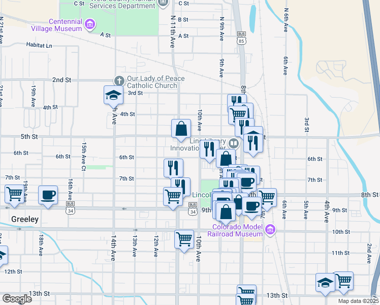 map of restaurants, bars, coffee shops, grocery stores, and more near 1051 6th Street in Greeley