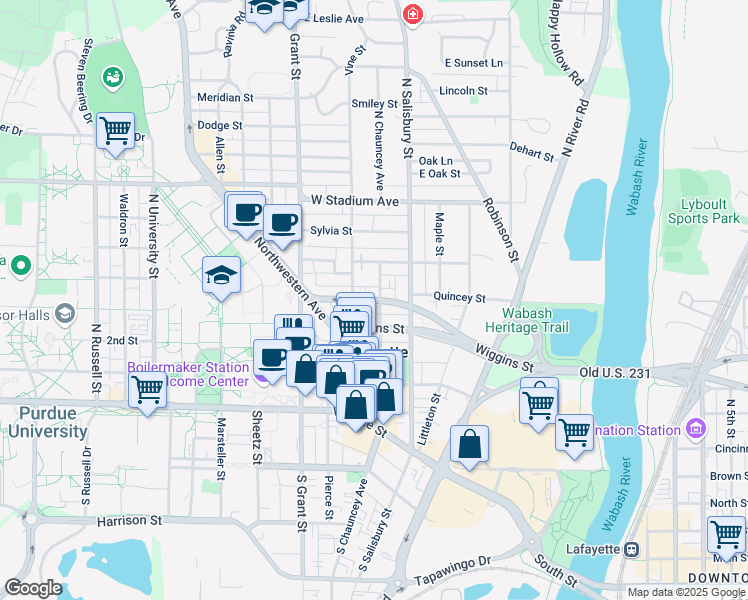 map of restaurants, bars, coffee shops, grocery stores, and more near 204 Fowler Avenue in West Lafayette