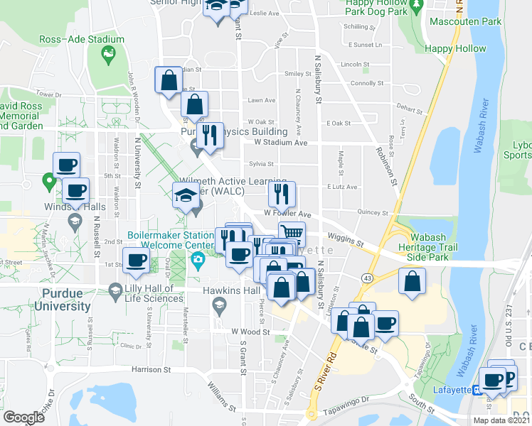 map of restaurants, bars, coffee shops, grocery stores, and more near 315 Fowler Avenue in West Lafayette