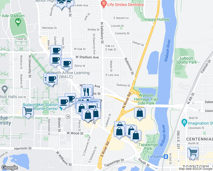 map of restaurants, bars, coffee shops, grocery stores, and more near 101 Quincy Street in West Lafayette