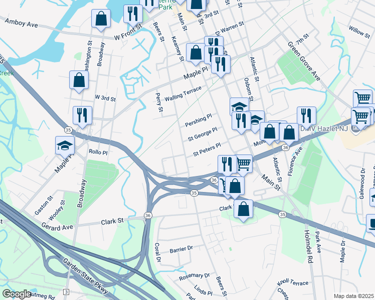 map of restaurants, bars, coffee shops, grocery stores, and more near 25 Saint George Place in Keyport