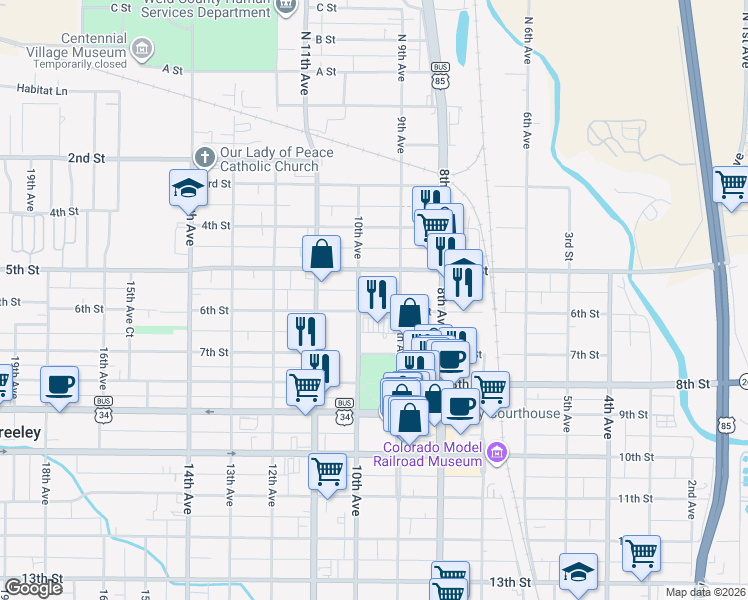 map of restaurants, bars, coffee shops, grocery stores, and more near 520 10th Avenue in Greeley