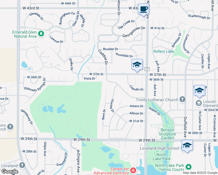 map of restaurants, bars, coffee shops, grocery stores, and more near 1862 Caddoa Drive in Loveland