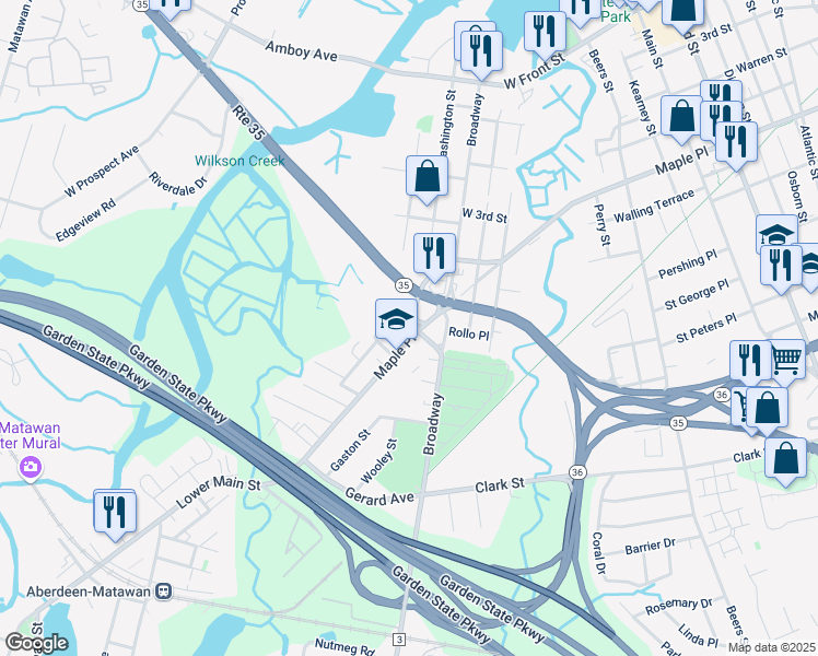map of restaurants, bars, coffee shops, grocery stores, and more near 15 May Street in Keyport
