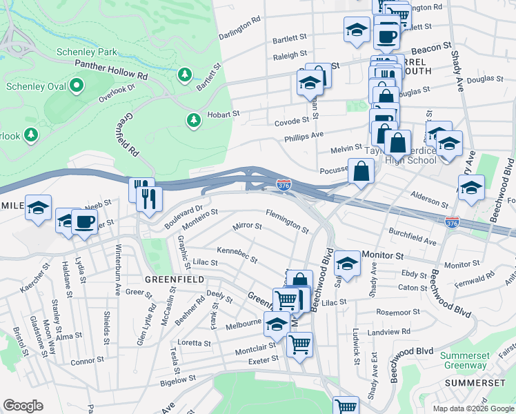 map of restaurants, bars, coffee shops, grocery stores, and more near 3809 Beechwood Boulevard in Pittsburgh