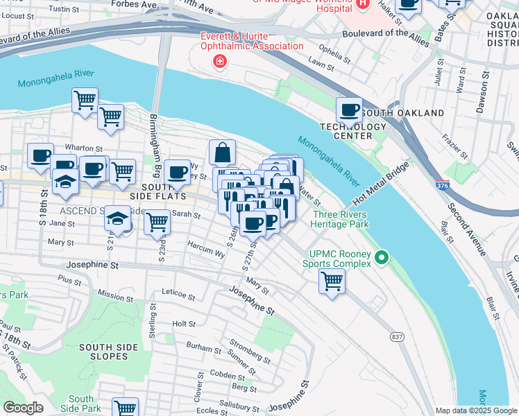 map of restaurants, bars, coffee shops, grocery stores, and more near 52A South 26th Street in Pittsburgh