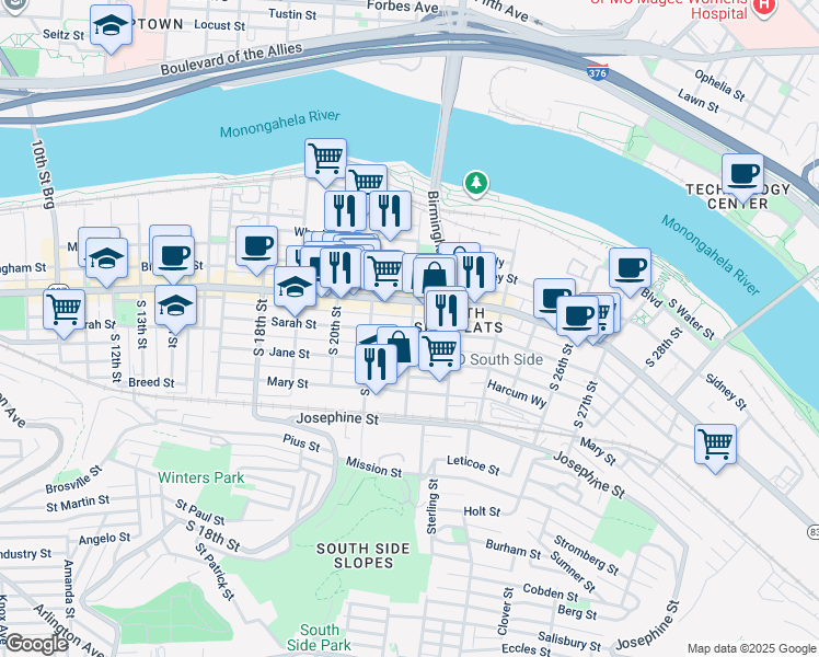 map of restaurants, bars, coffee shops, grocery stores, and more near 2135 Carey Way in Pittsburgh