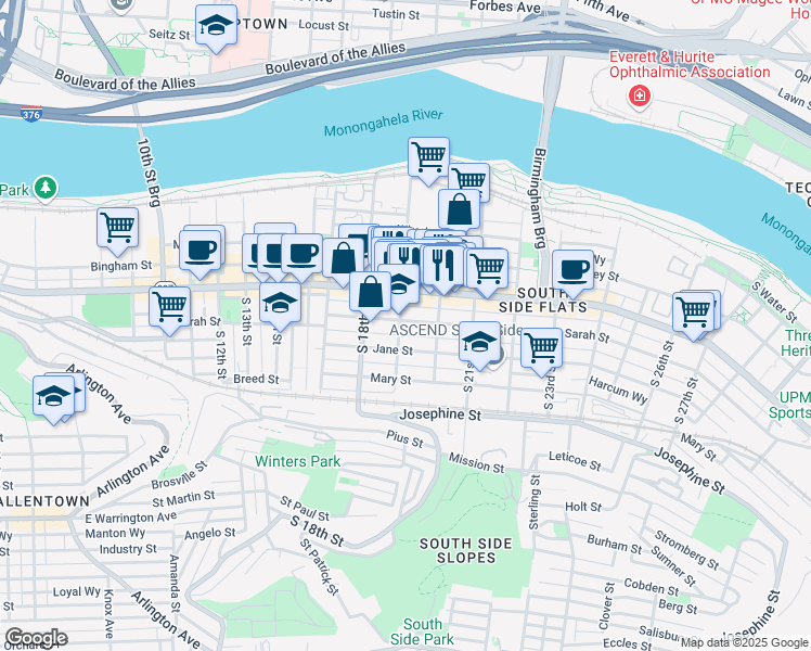 map of restaurants, bars, coffee shops, grocery stores, and more near 1911 Sarah Street in Pittsburgh