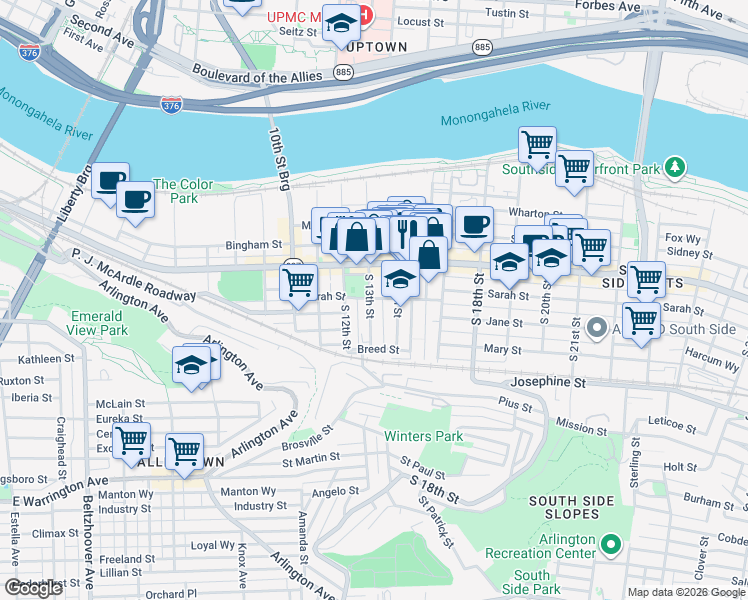 map of restaurants, bars, coffee shops, grocery stores, and more near 14TH South Commons in Pittsburgh