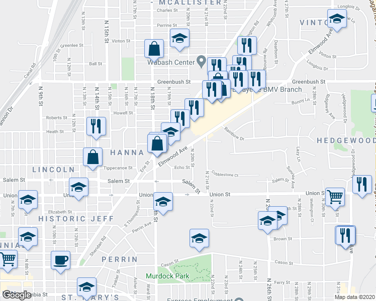 map of restaurants, bars, coffee shops, grocery stores, and more near 2001 Elmwood Avenue in Lafayette