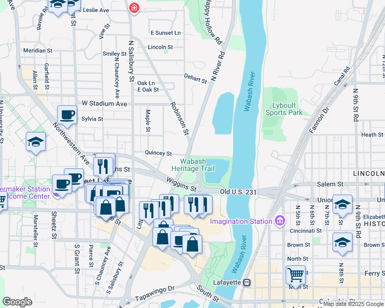 map of restaurants, bars, coffee shops, grocery stores, and more near in West Lafayette