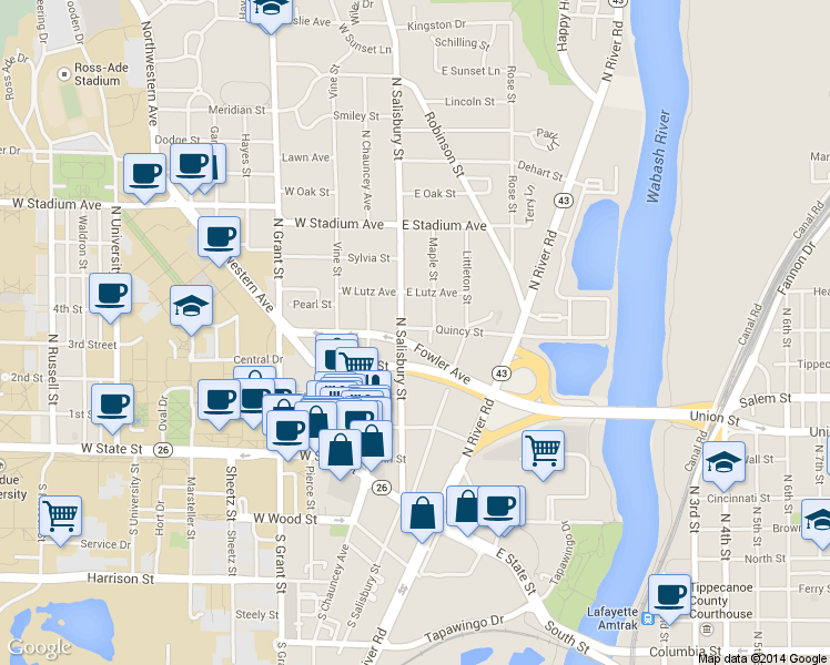 map of restaurants, bars, coffee shops, grocery stores, and more near 404 North Salisbury Street in West Lafayette