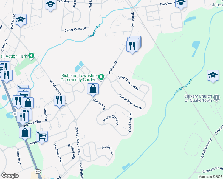 map of restaurants, bars, coffee shops, grocery stores, and more near 1008 Spring Meadow Drive in Quakertown