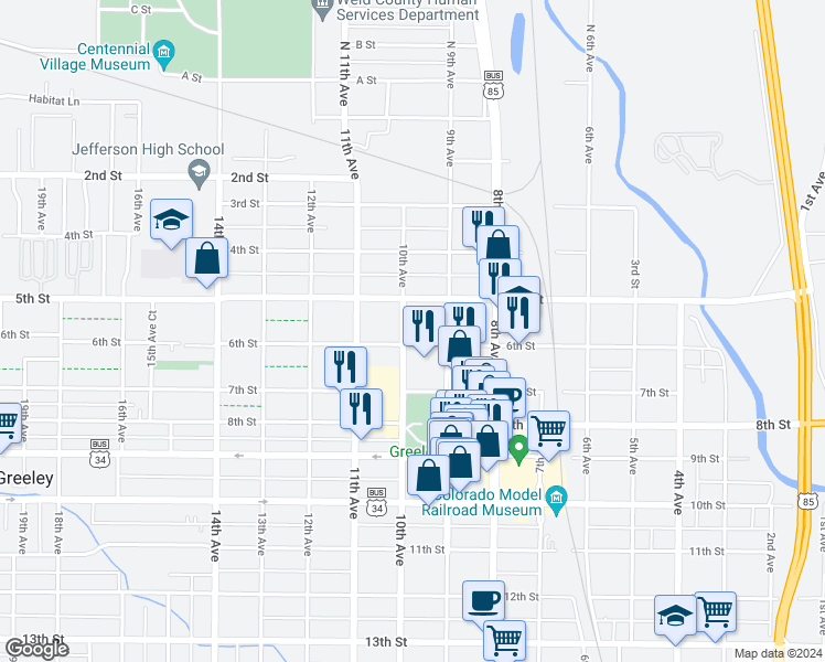 map of restaurants, bars, coffee shops, grocery stores, and more near 530 10th Avenue in Greeley