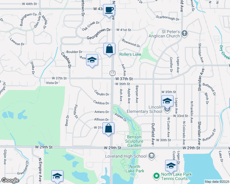 map of restaurants, bars, coffee shops, grocery stores, and more near 3503 Ash Avenue in Loveland