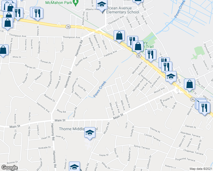 map of restaurants, bars, coffee shops, grocery stores, and more near 9 Briarcliff Place in Middletown