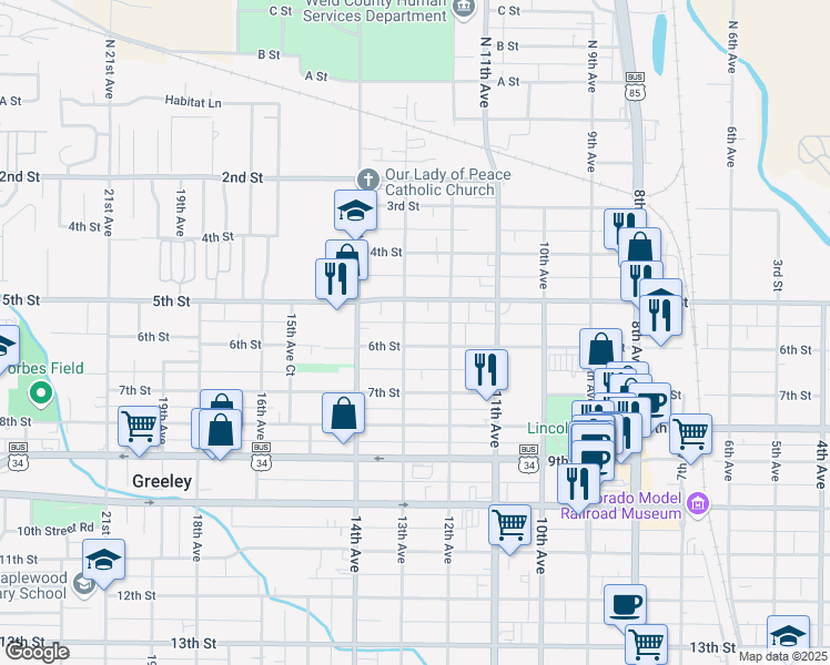 map of restaurants, bars, coffee shops, grocery stores, and more near 520 13th Avenue in Greeley