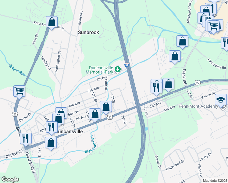 map of restaurants, bars, coffee shops, grocery stores, and more near 149 6th Street in Duncansville