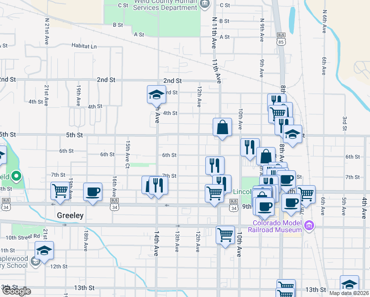 map of restaurants, bars, coffee shops, grocery stores, and more near 511 12th Avenue in Greeley