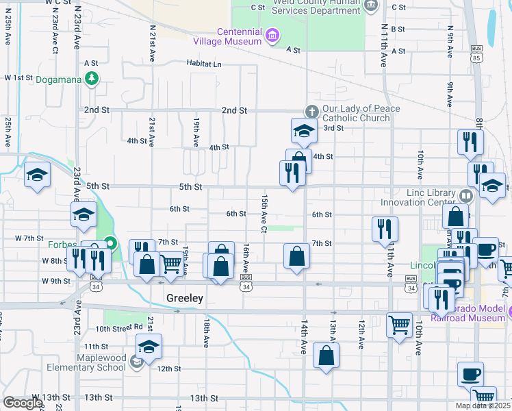 map of restaurants, bars, coffee shops, grocery stores, and more near 509 15th Avenue Court in Greeley
