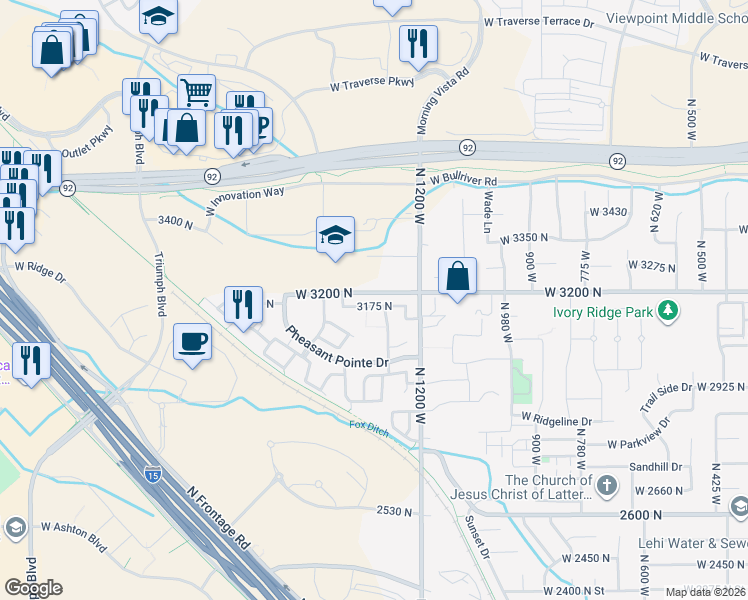 map of restaurants, bars, coffee shops, grocery stores, and more near 1376 3175 North in Lehi