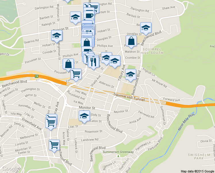 map of restaurants, bars, coffee shops, grocery stores, and more near 6355 Alderson Street in Pittsburgh