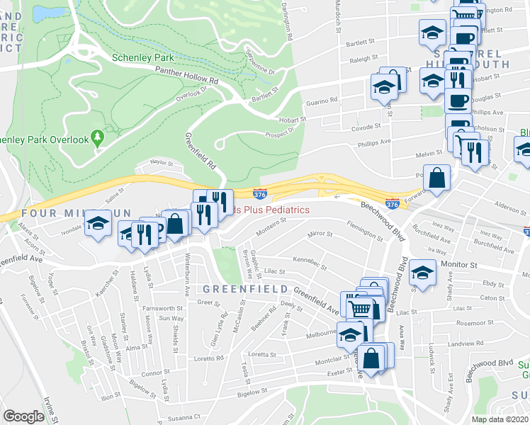 map of restaurants, bars, coffee shops, grocery stores, and more near 3951 Beechwood Boulevard in Pittsburgh