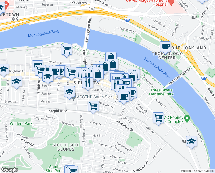 map of restaurants, bars, coffee shops, grocery stores, and more near 2325 East Carson Street in Pittsburgh