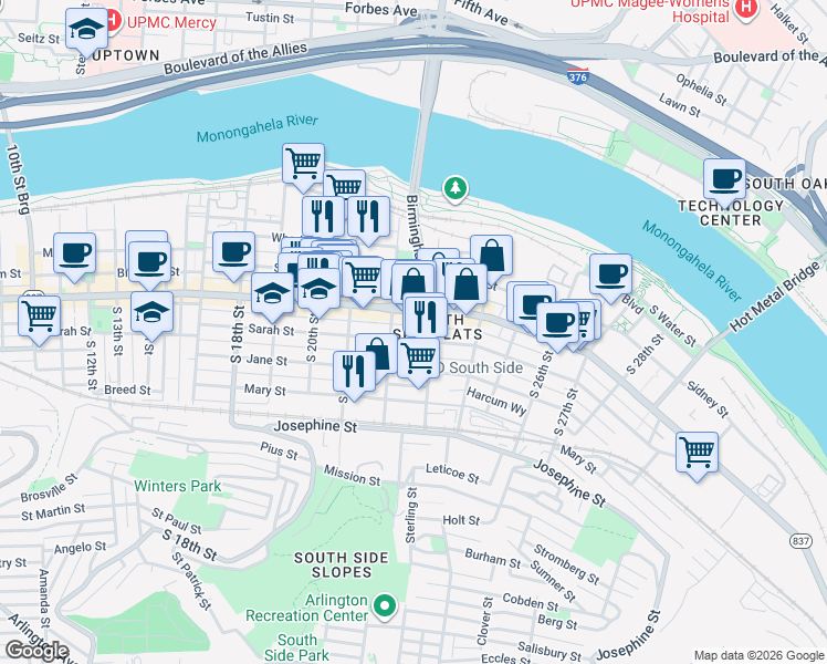 map of restaurants, bars, coffee shops, grocery stores, and more near in Pittsburgh