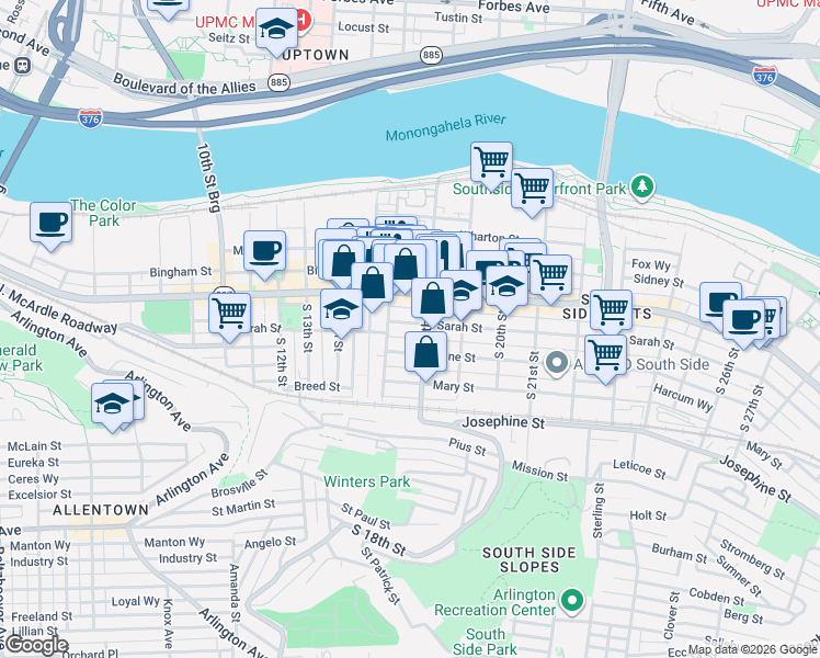 map of restaurants, bars, coffee shops, grocery stores, and more near 1715 Sarah Street in Pittsburgh