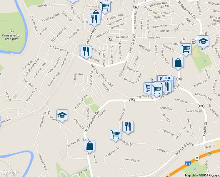 map of restaurants, bars, coffee shops, grocery stores, and more near 311 Steen Street in Pittsburgh