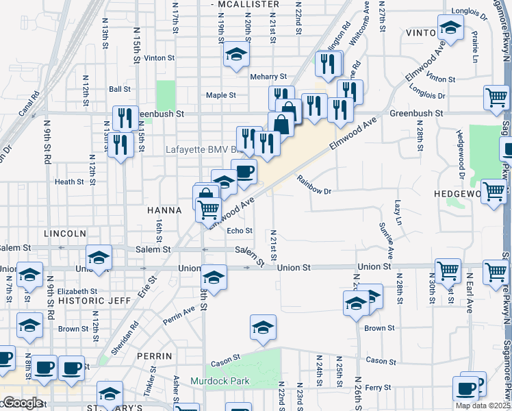 map of restaurants, bars, coffee shops, grocery stores, and more near 2001 Elmwood Avenue in Lafayette
