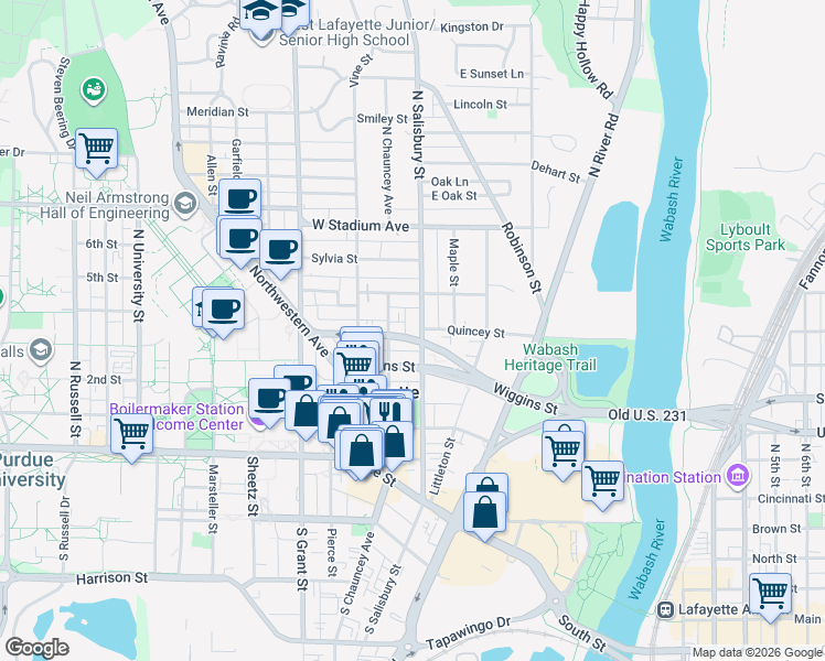 map of restaurants, bars, coffee shops, grocery stores, and more near 404 North Salisbury Street in West Lafayette
