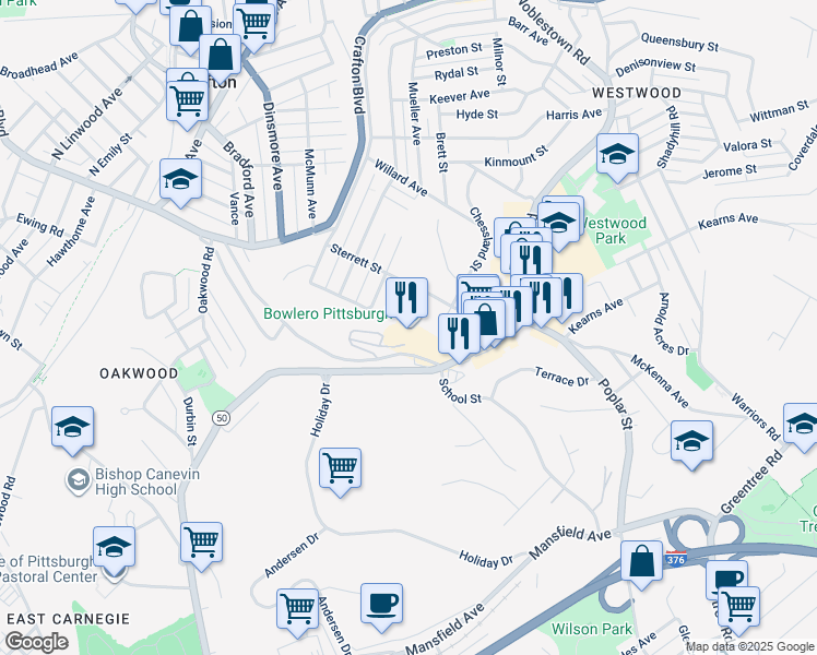map of restaurants, bars, coffee shops, grocery stores, and more near 2440 Noblestown Road in Pittsburgh