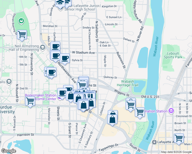 map of restaurants, bars, coffee shops, grocery stores, and more near 404 North Salisbury Street in West Lafayette