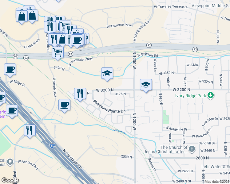 map of restaurants, bars, coffee shops, grocery stores, and more near 1376 3175 North in Lehi