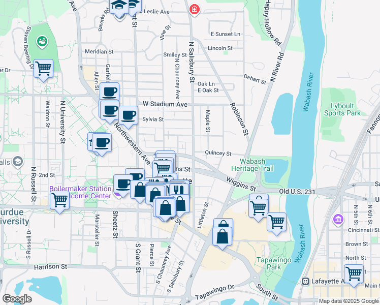 map of restaurants, bars, coffee shops, grocery stores, and more near 404 North Salisbury Street in West Lafayette