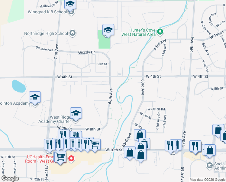 map of restaurants, bars, coffee shops, grocery stores, and more near 6610 West 4th Street Road in Greeley