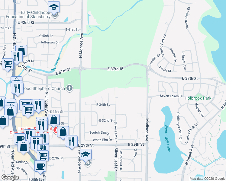 map of restaurants, bars, coffee shops, grocery stores, and more near 3590 Silver Leaf Drive in Loveland