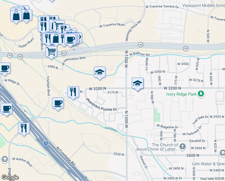map of restaurants, bars, coffee shops, grocery stores, and more near 1376 3175 North in Lehi