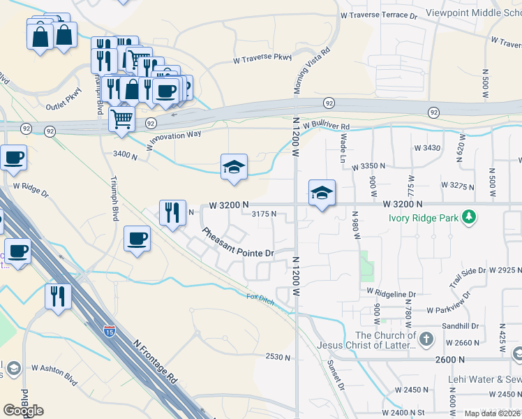 map of restaurants, bars, coffee shops, grocery stores, and more near 1376 3175 North in Lehi