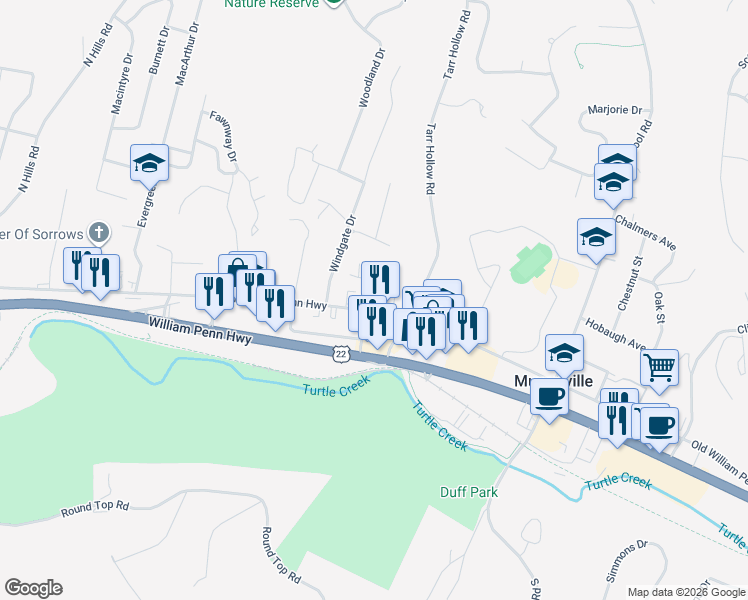 map of restaurants, bars, coffee shops, grocery stores, and more near 4520 Old William Penn Highway in Murrysville