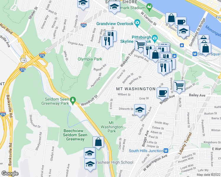 map of restaurants, bars, coffee shops, grocery stores, and more near 501 Grace Street in Pittsburgh