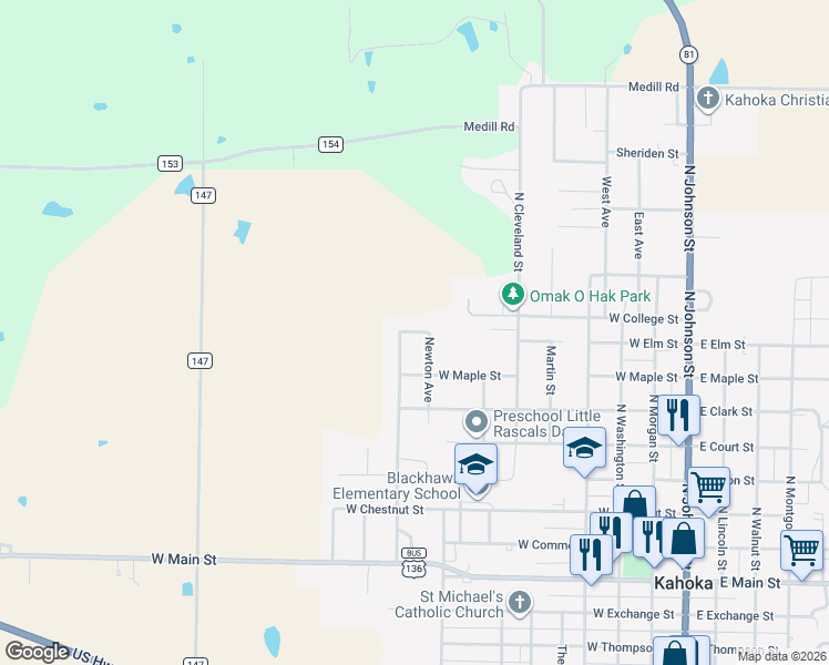 map of restaurants, bars, coffee shops, grocery stores, and more near 855 West Elm Street in Kahoka