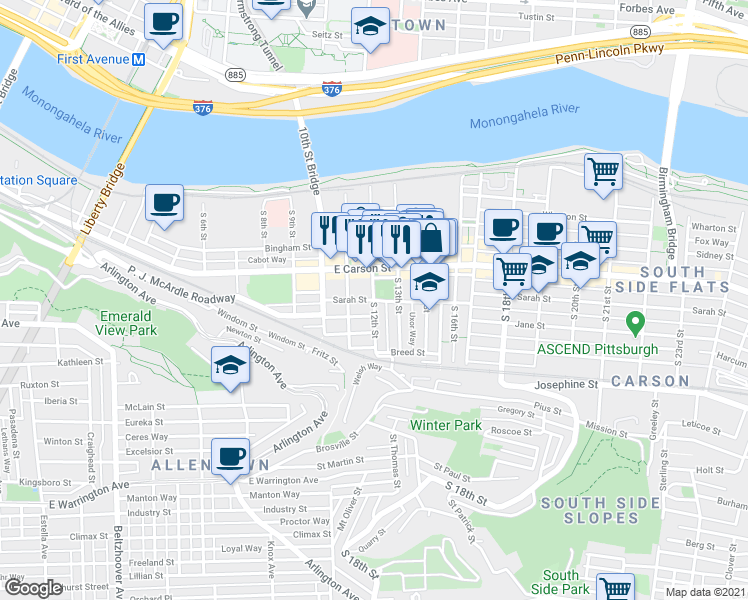 map of restaurants, bars, coffee shops, grocery stores, and more near Sarah St & S 12th St in Pittsburgh