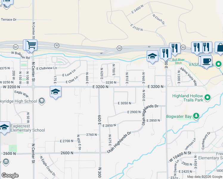 map of restaurants, bars, coffee shops, grocery stores, and more near 3175 North 700 East in Lehi