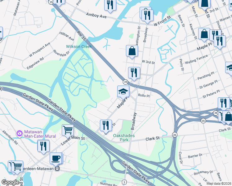 map of restaurants, bars, coffee shops, grocery stores, and more near 282 Washington Street in Keyport