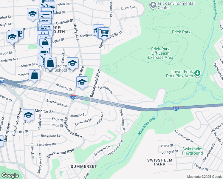 map of restaurants, bars, coffee shops, grocery stores, and more near 6621 Forward Avenue in Pittsburgh