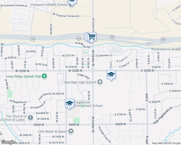 map of restaurants, bars, coffee shops, grocery stores, and more near 61 West 3200 North in Lehi