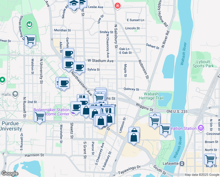 map of restaurants, bars, coffee shops, grocery stores, and more near 120 West Fowler Avenue in West Lafayette